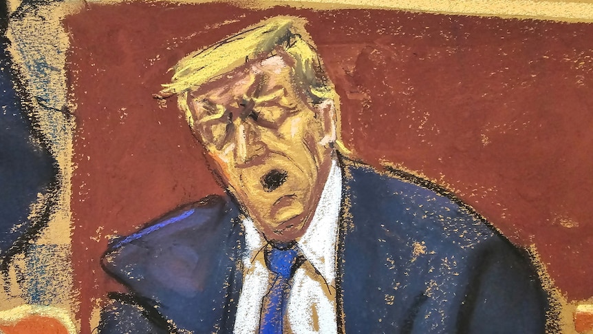A court sketch depicts Donald Trump yawning. He wears a suit and blue ties.