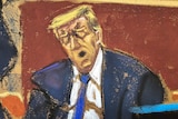 A court sketch depicts Donald Trump yawning. He wears a suit and blue ties.