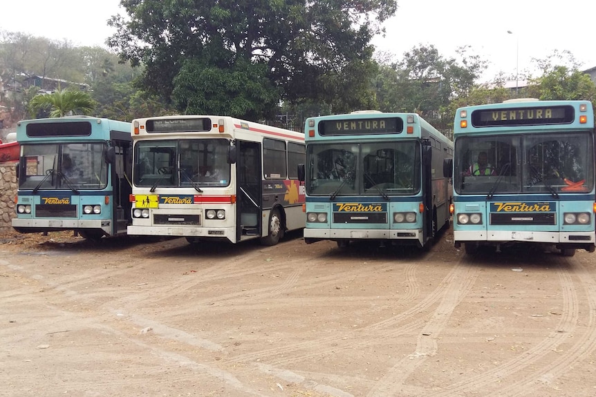Four older style buses facing the camera with signs saying Ventura rest on a dirt carpark.