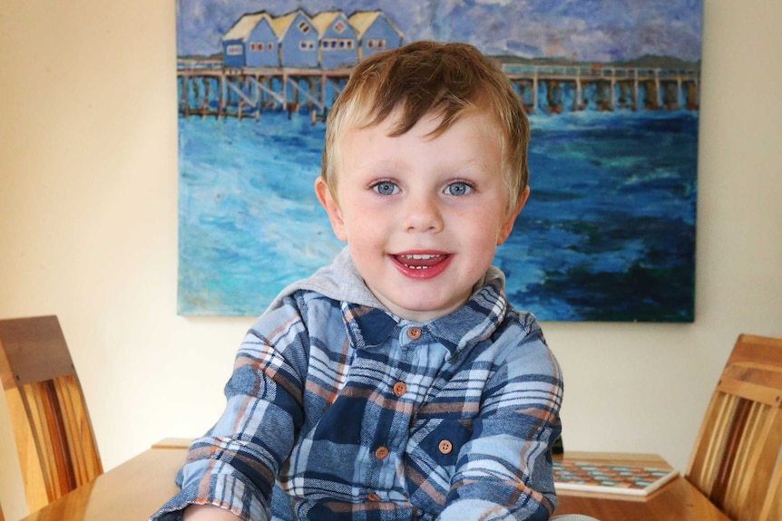 A small boy wearing a blue checked shirt sits on a wooden table in front of a painting.