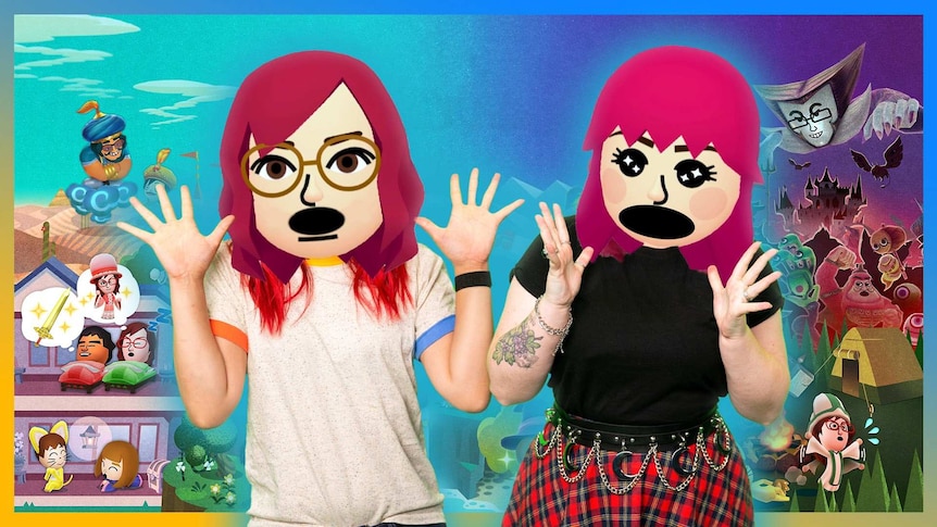 Gem and Rad as Mii characters, big heads and large eyes with exaggerated expressions against a background of the game