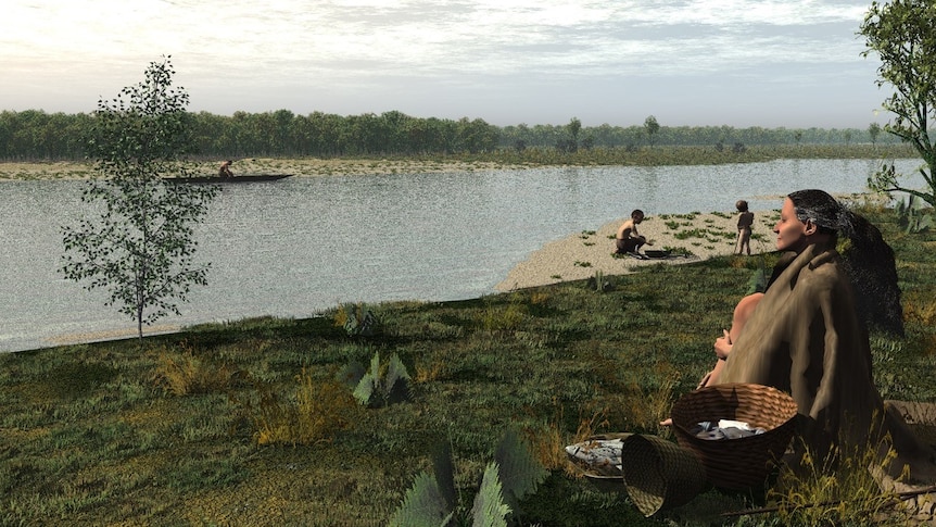 Illustration of a shoreline. Ancient humans sitting on grass looking at water. Children playing on sand. Person in canoe.