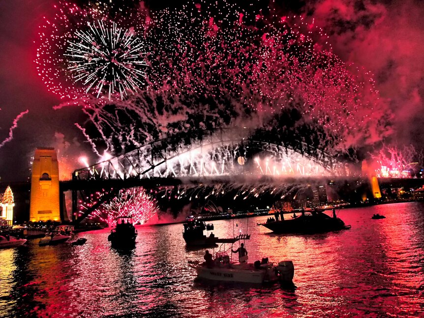 Fireworks explode off the Sydney Harbour Bridge during New Year's Eve celebrations.