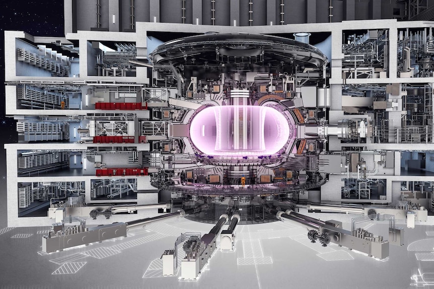 An artists impression of what the enormous ITER plant will look like. In the centre is the glowing chamber for the plasma.