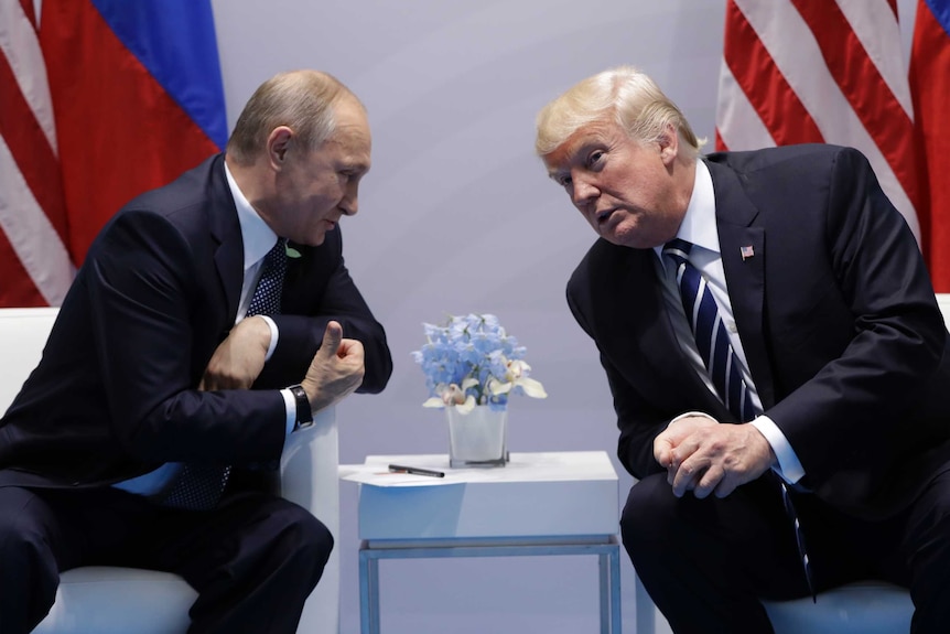 Donald Trump and Vladimir Putin lean over the arms of their chairs during a meeting in the G20.