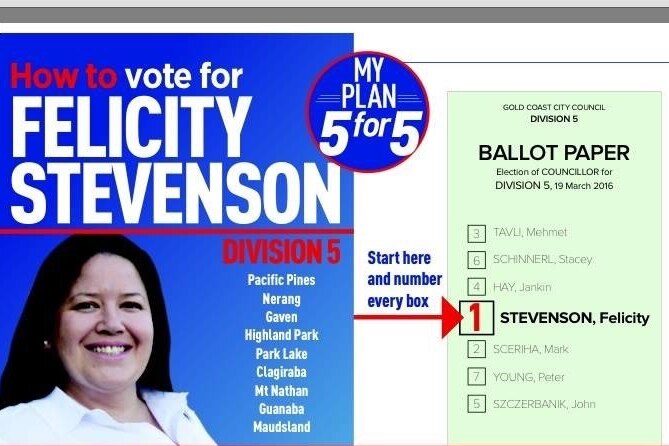 Felicity Stevenson Gold Coast council elections how to vote card