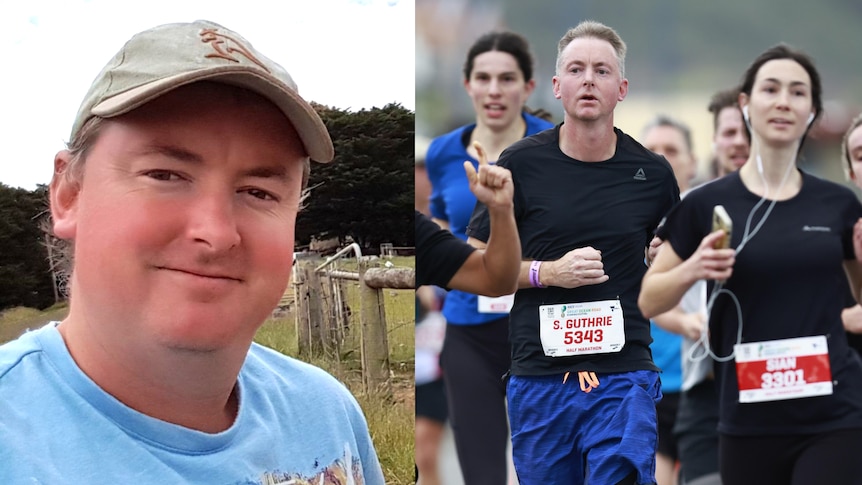 A composite image: On left, Steven Guthrie smiling weighing 90 kg. On right, slim and fit Steven runs in half marathon.