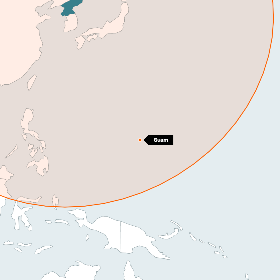 Red circle around North Korea shows Guam labelled within range of intermediate-range ballistic missiles