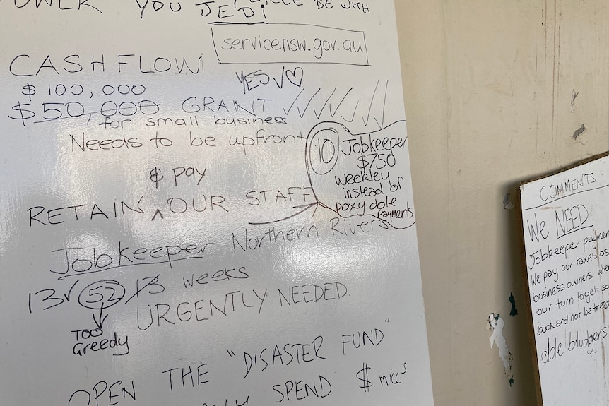A whiteboard with hand-written suggestions for flood relief.