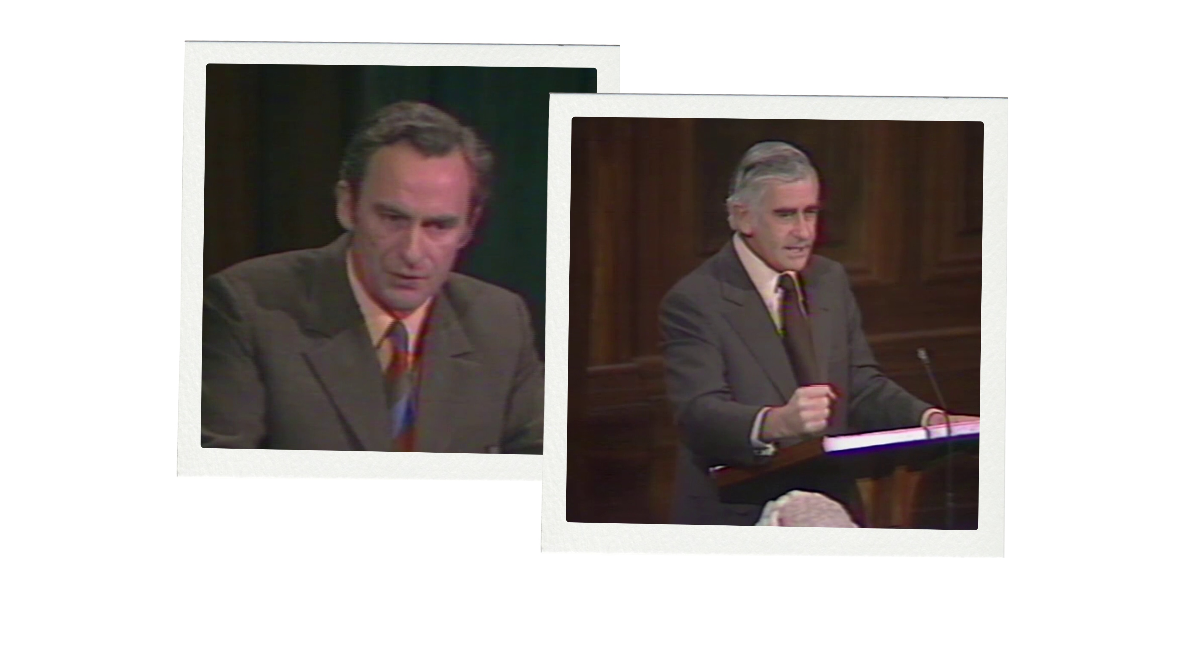 Collage of Bill Hayden and Billy Snedden speaking. 