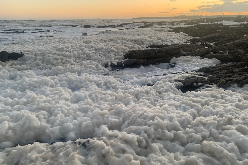 A foamy sea crashing against rocks.