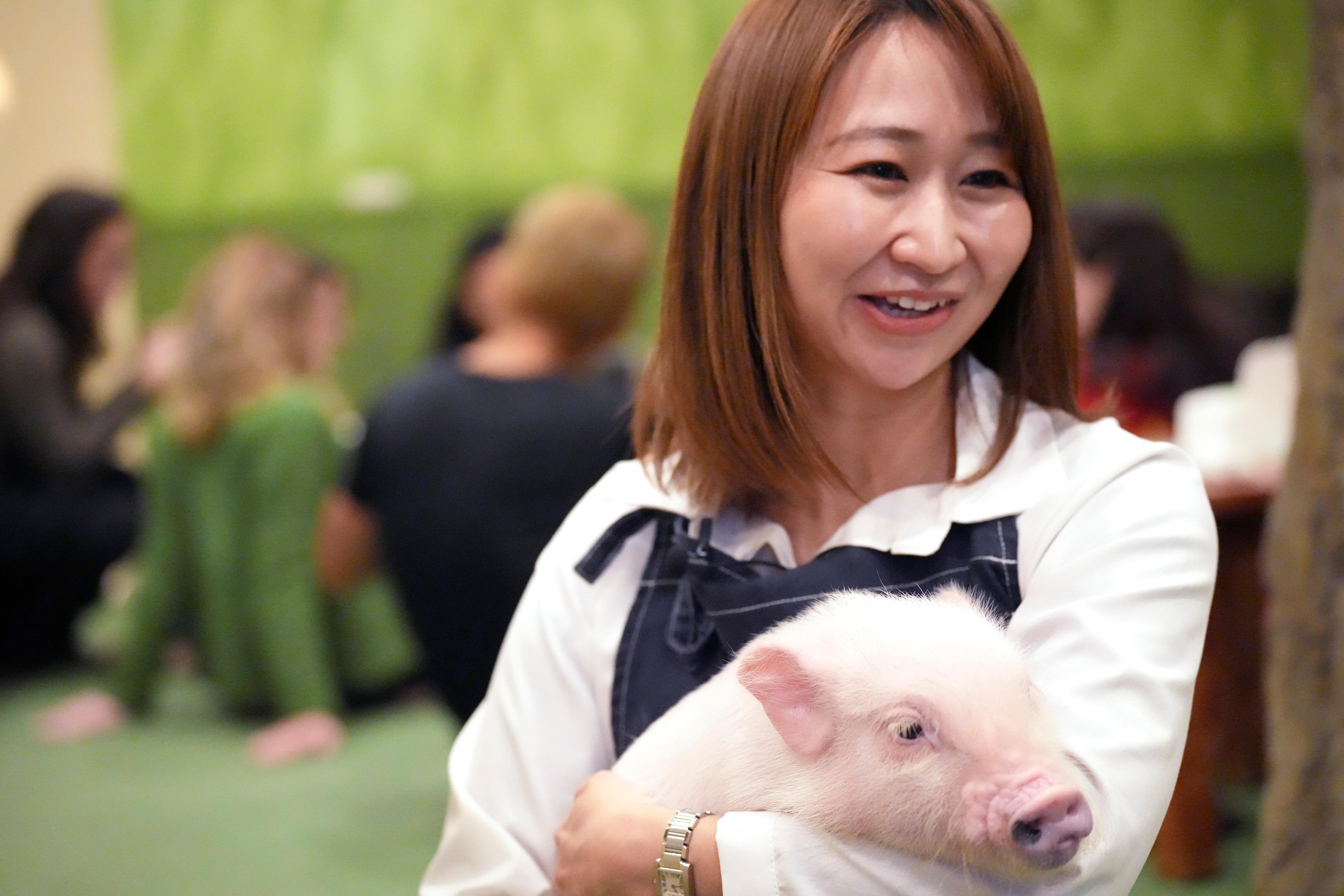 A woman holds a small pink pig in her arms and smiles.