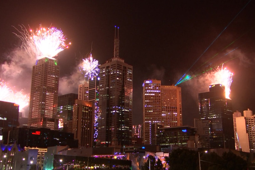 Fireworks above the city skyline.