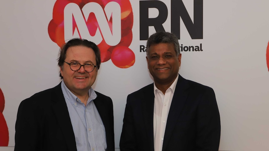 Host Andrew West with Sri Lankan-born Kanishka Raffel, the new Archbishop of the Anglican diocese of Sydney.