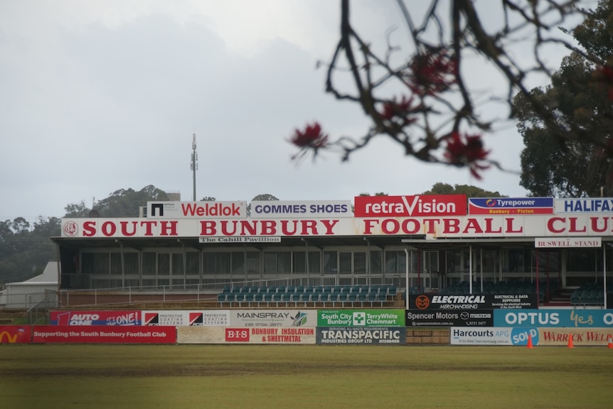 An empty football marquee on a cloudy day