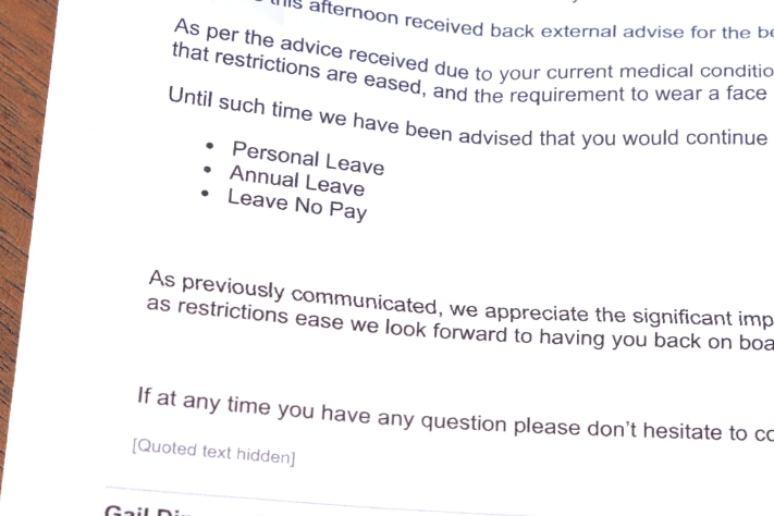 Letter from Gail's employer MSS advising her to take unpaid, personal and annual leave until restrictions lift.