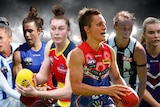 Six AFLW players line up in their kits.