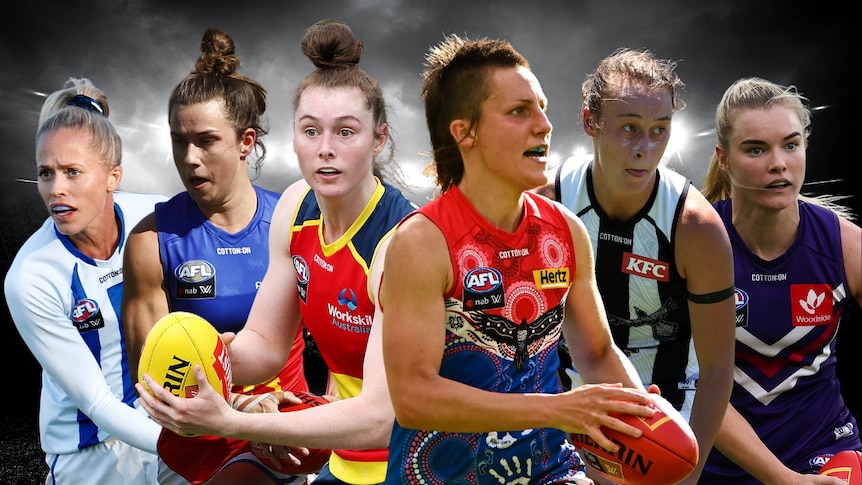 Six AFLW players line up in their kits.
