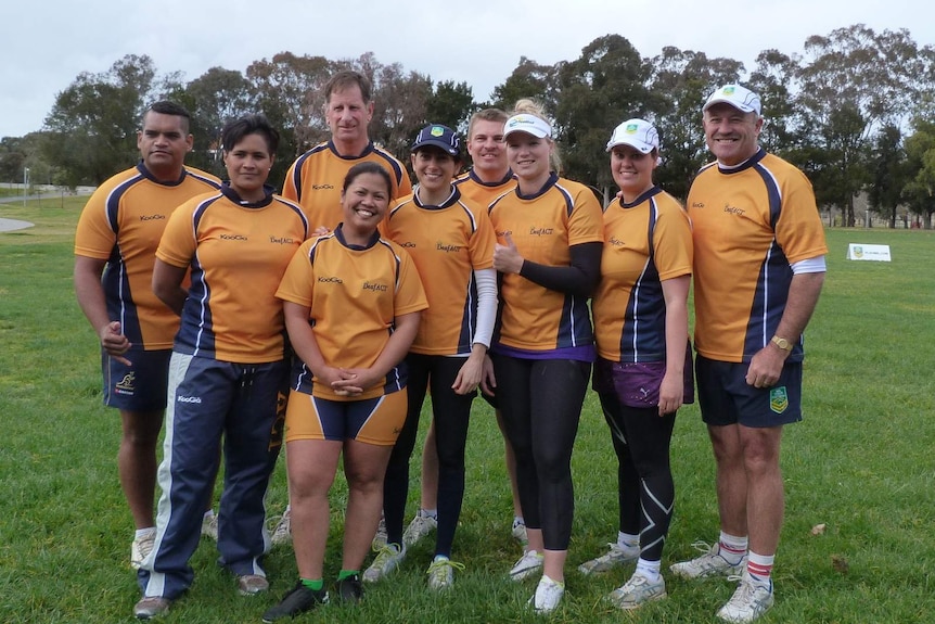 The Deaf ACT team with Wally (R)and Jamie Lee Lewis (third from R) beat the Touch Football ACT team 4-3.