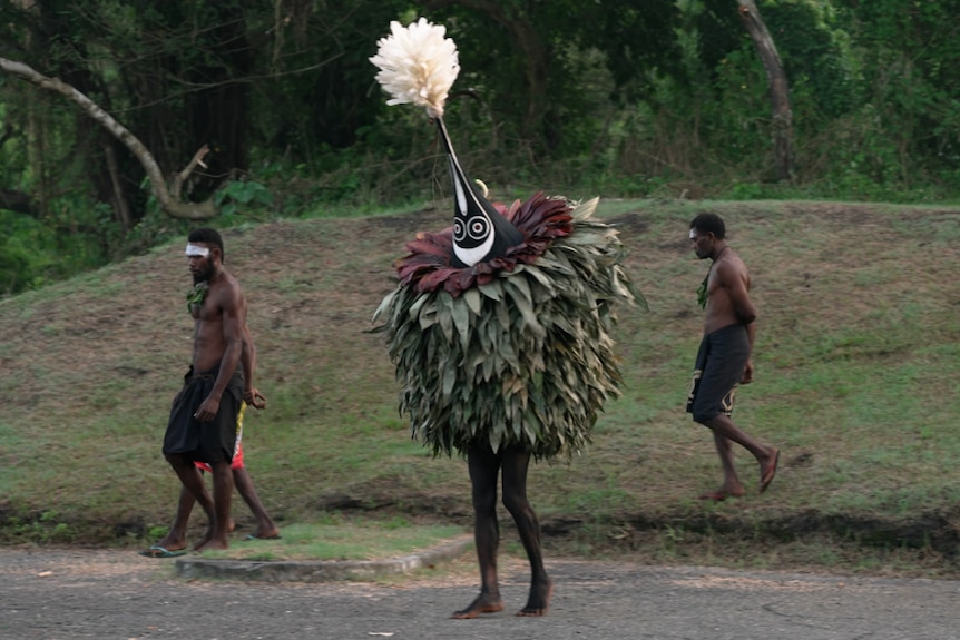 Man dressed in traditional Papua New Guinea costume made of grasses, wood and a large pom pom headpiece.