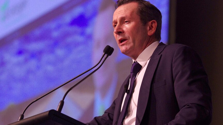 Mark McGowan speaks into a microphone standing at a pedestal on stage.