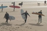 A group of 7 female surfers walking away from the waves, carrying their boards