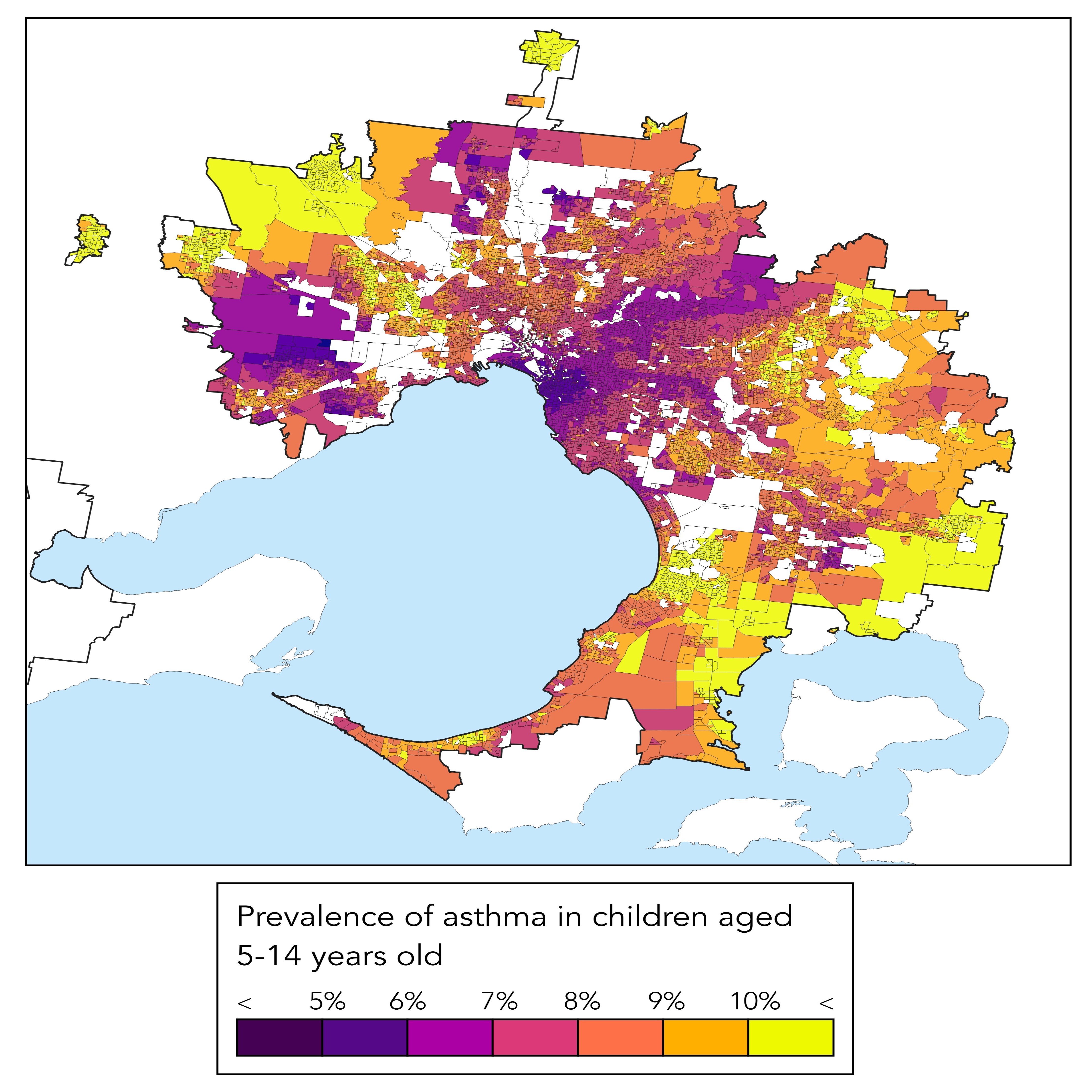 Asthma risk map for Melbourne showing with the colour yellow more asthma risk in outer suburbs