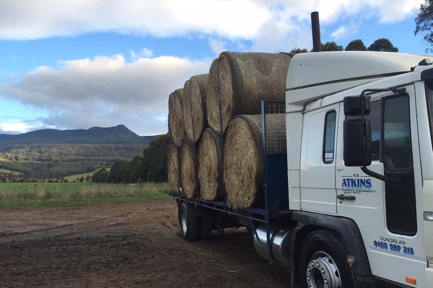 Hay on the back of a truck in Tasmania