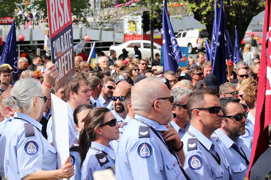 Firefighters at the Tasmanian public sector rally in Hobart.