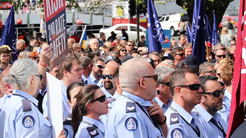 Firefighters at the Tasmanian public sector rally in Hobart.