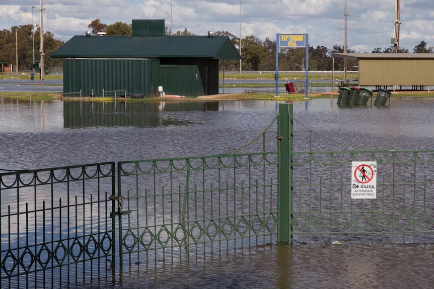 Floodwater at the entrance of the Pat Timmins Oval in Condobolin.