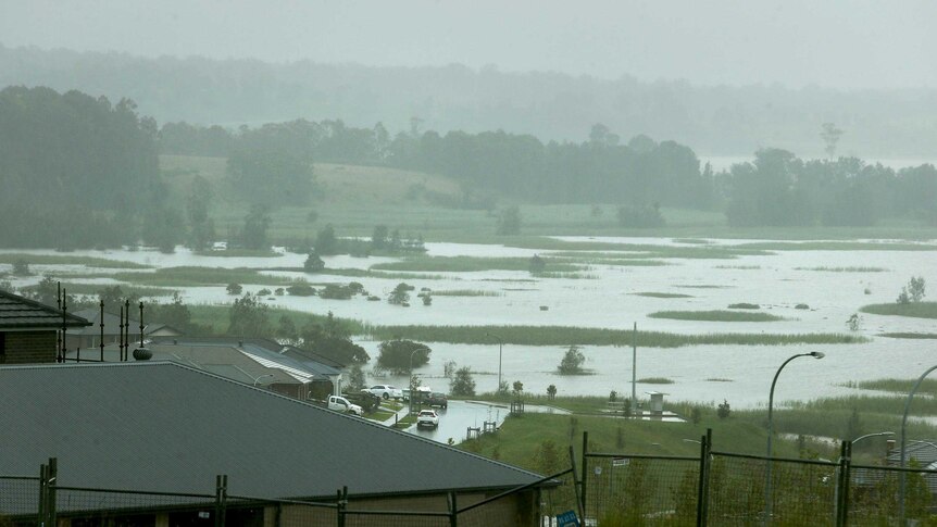 Elevated view across rooftops of flooding covering Hexham Swamp Reserve in Newcastle.