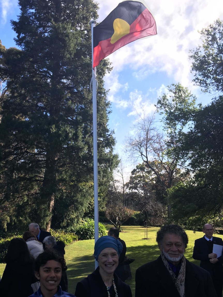 Tyane Thomas, Governor Kate Warner and Tasmanian Aboriginal Elder Jim Everett at Government House, 12th July 2019