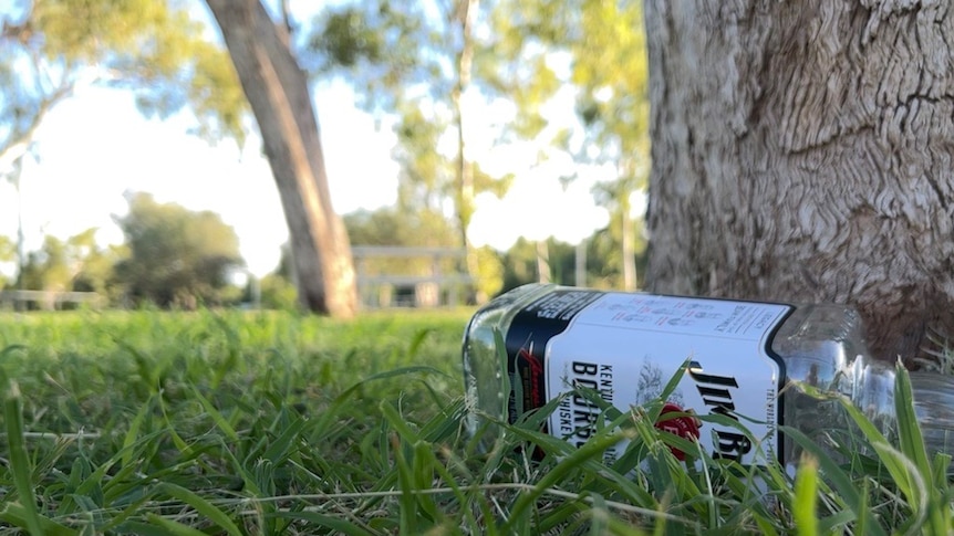 An emptied bottle of Jim Beam bourbon lays on grass. 