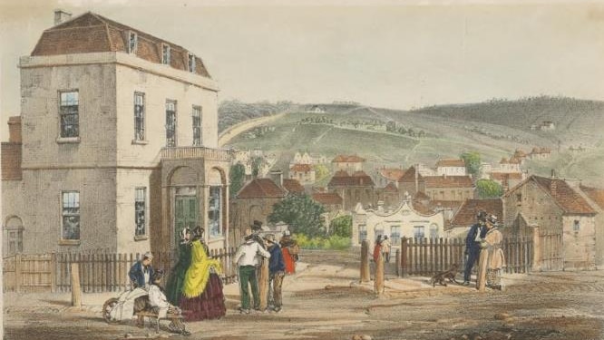 A historic painting or drawing of a colonial home belonging to George Augustus Robinson, circa 1856