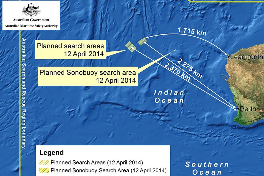 Map from AMSA showing the revised search areas for MH370