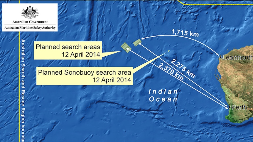 Map from AMSA showing the revised search areas for MH370