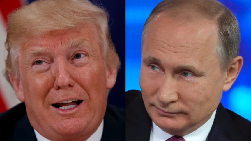 Side-by-side headshots of Donald Trump and Vladimir Putin. They are both happy.
