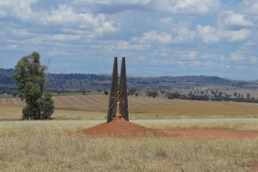 A giant peg in a paddock with other paddocks in the distance, in outback Australia.