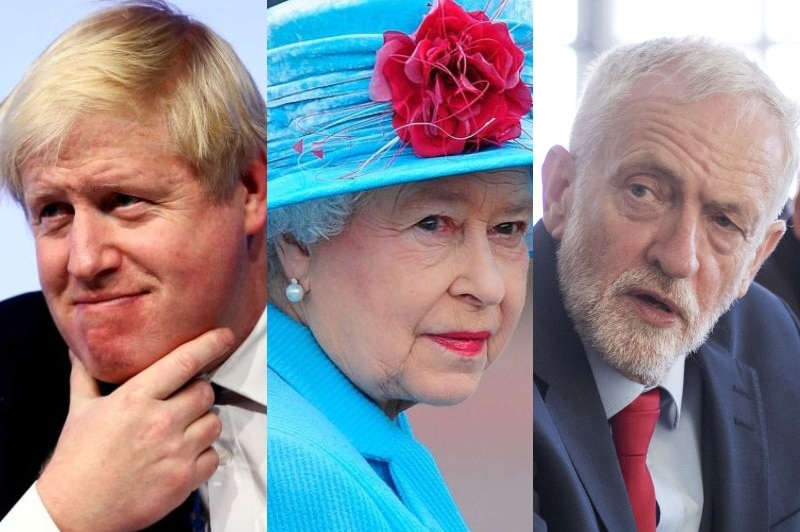 A composite image of Boris Johnson, Queen Elizabeth II and Jeremy Corbyn