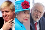 A composite image of Boris Johnson, Queen Elizabeth II and Jeremy Corbyn