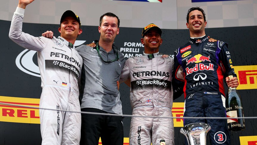 Rosberg, Hamilton and Ricciardo celebrate on podium