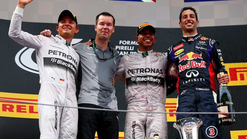 Rosberg, Hamilton and Ricciardo celebrate on podium