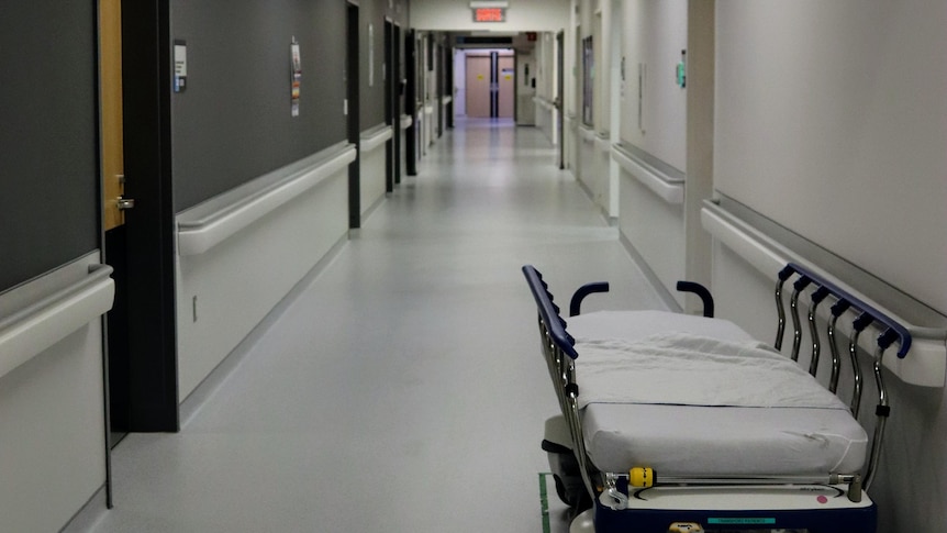 A generic picture of a hospital hallway with an empty bed against the wall. 