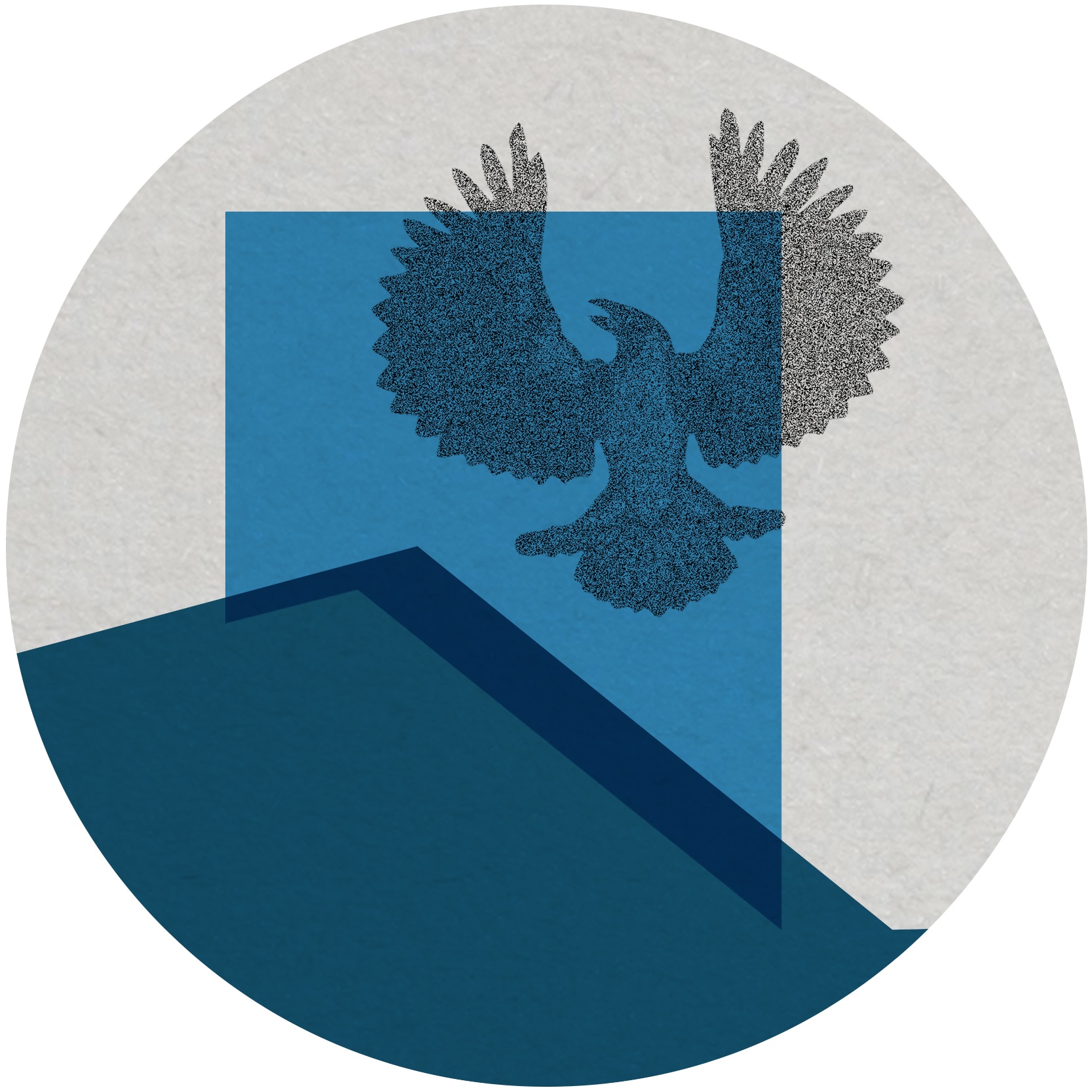 an outline of the state of South Australia in blue, a piping shrike bird with wings spread is outlined in grey