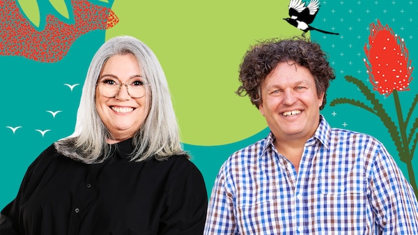 Amber Cunningham and Josh Byrne with a colourful animated garden background