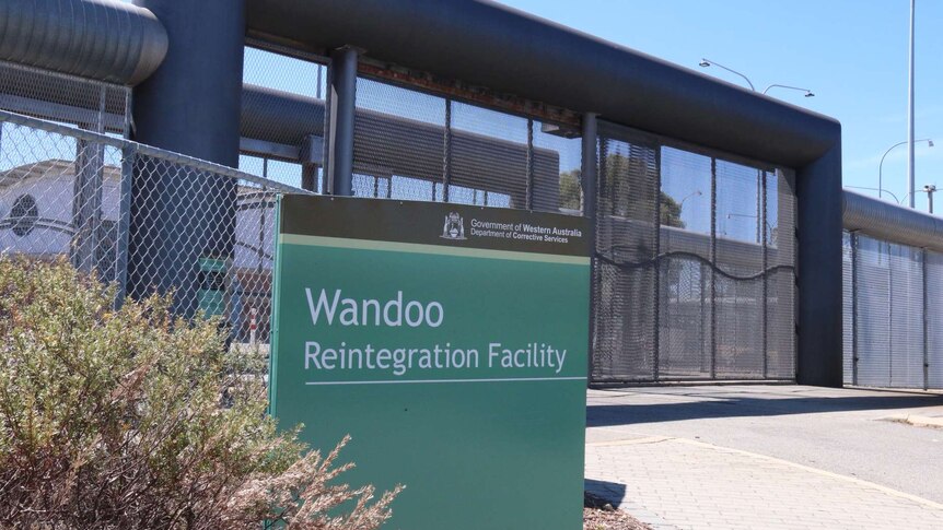 Front entrance with sign at Wandoo prison in Perth