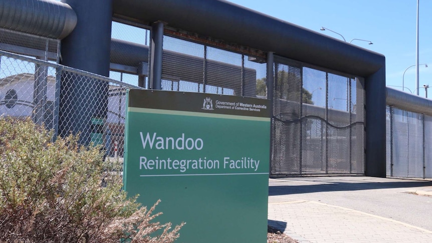 Front entrance with sign at Wandoo prison in Perth