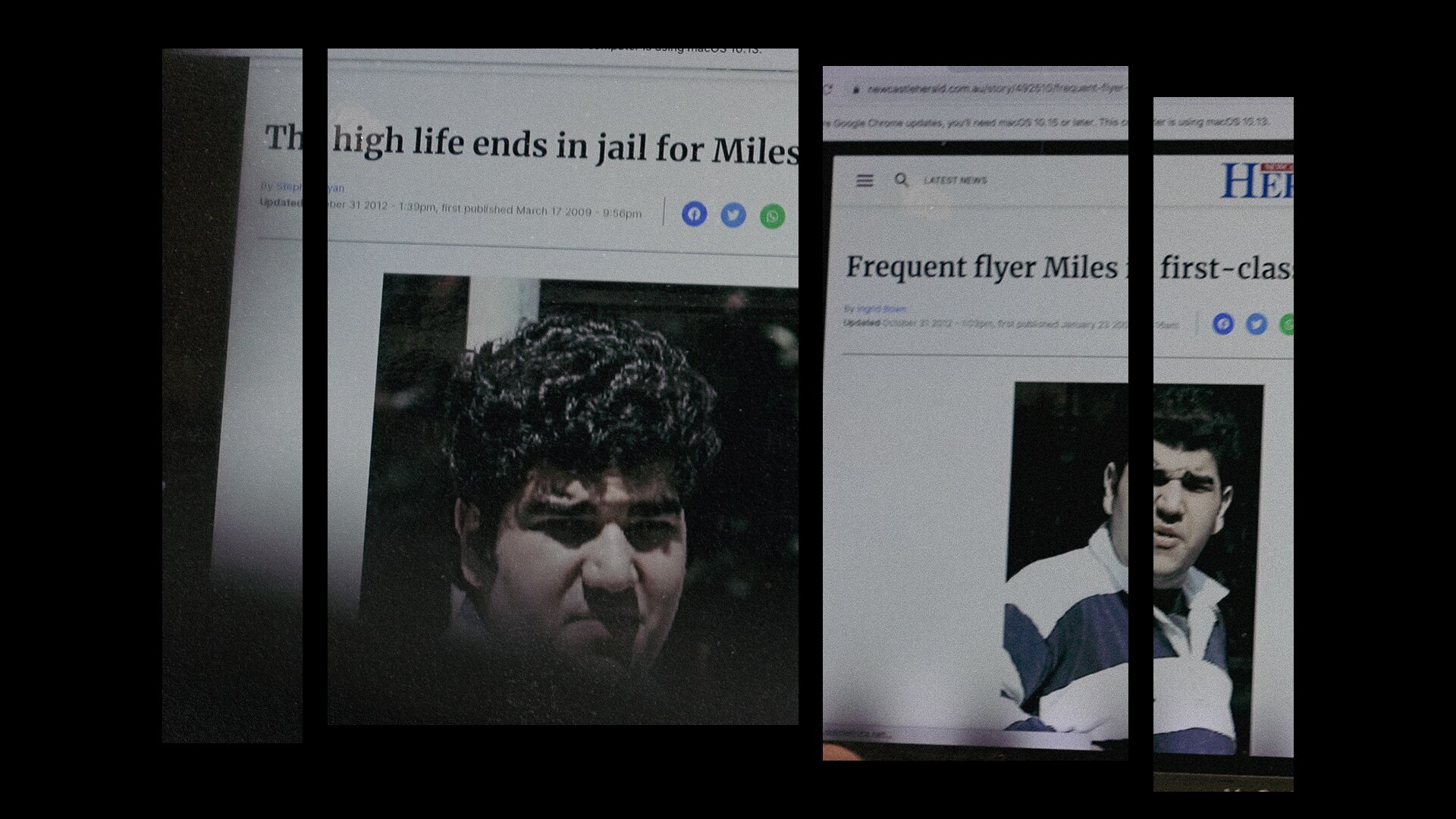 Composite of two online news articles being read on a computer. One headline says 'The high life ends in jail for Miles'
