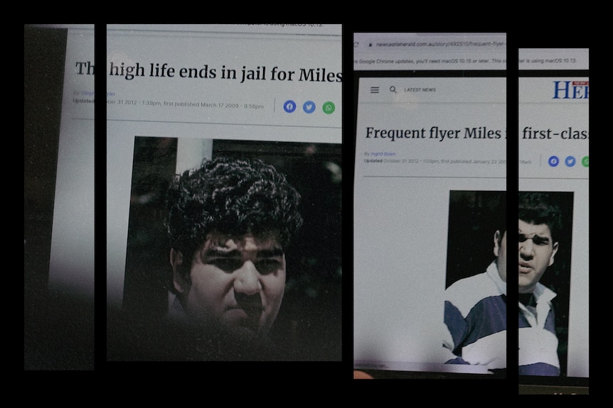 Composite of two online news articles being read on a computer. One headline says 'The high life ends in jail for Miles'